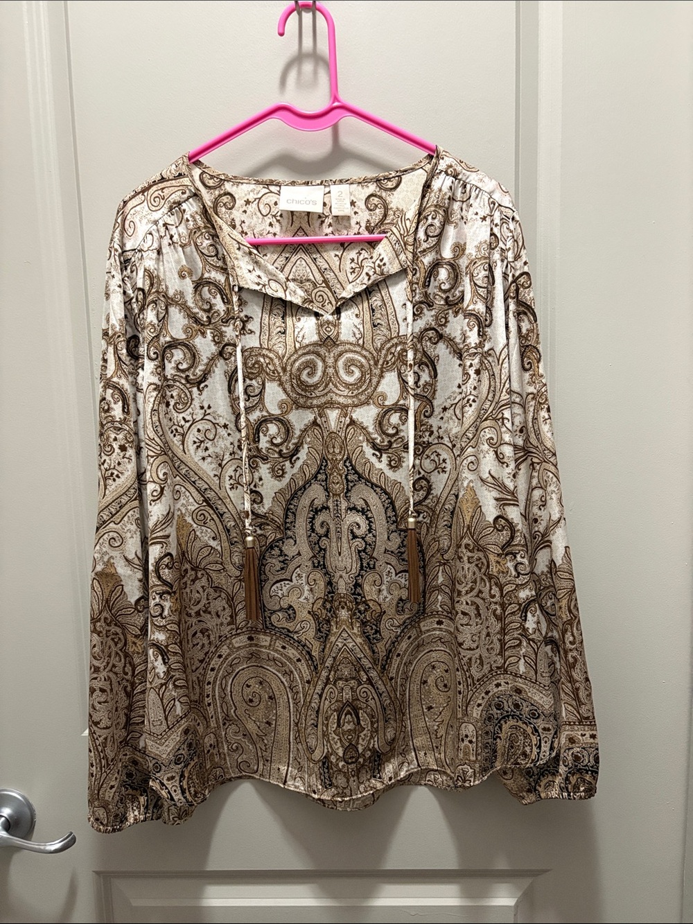 Chico's Cream and Brown Paisley Tie-Neck Blouse
